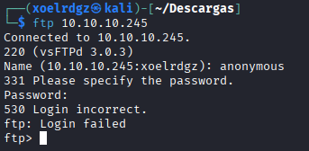 FTP connection attempt showing login failure, indicating anonymous login is disabled