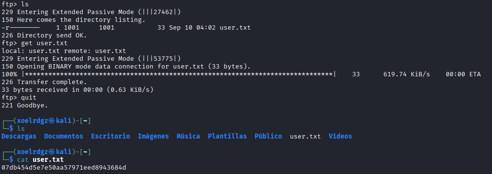 FTP session with nathan credentials showing user.txt flag file in home directory