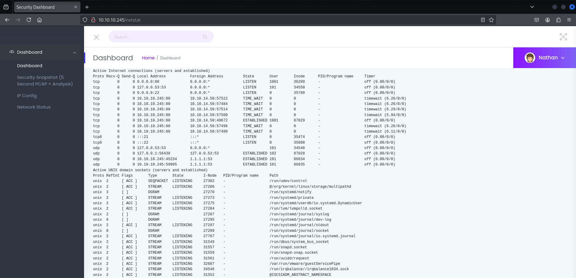 Netstat output page displaying active network connections and listening ports