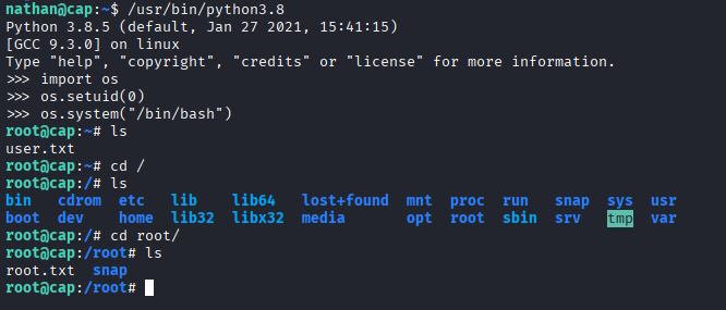 Terminal showing successful privilege escalation to root user via Python cap_setuid exploit