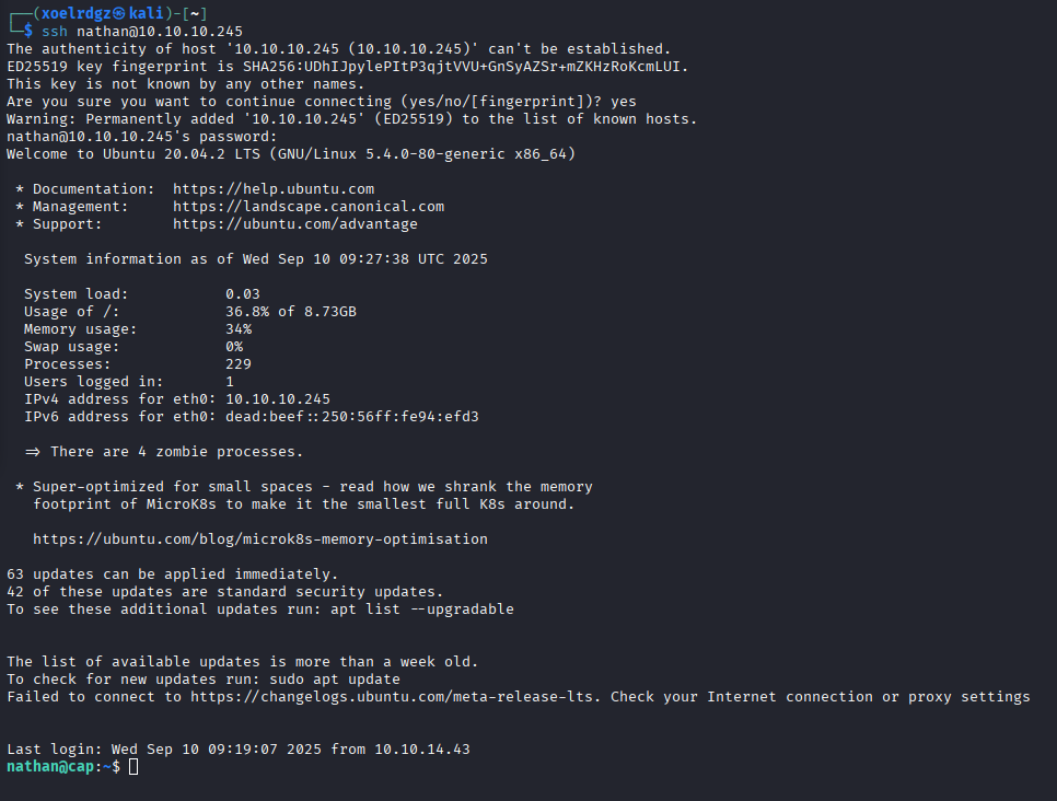 Successful SSH login as nathan user using the same credentials found in FTP traffic