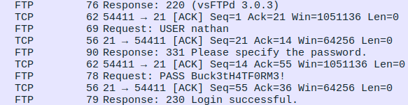 Wireshark packet analysis revealing FTP credentials in cleartext: username nathan and password
